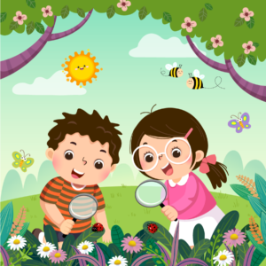 cartoon kids in a garden